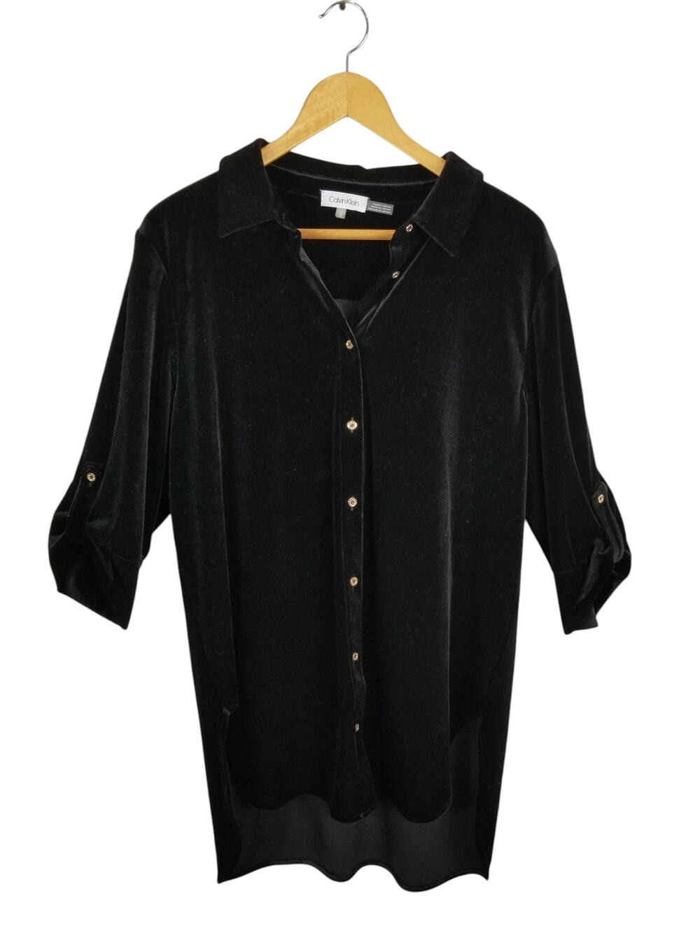 Calvin Klein Black Velvet Collared Button Up Hi Lo Hem Shirt Blouse Size Large